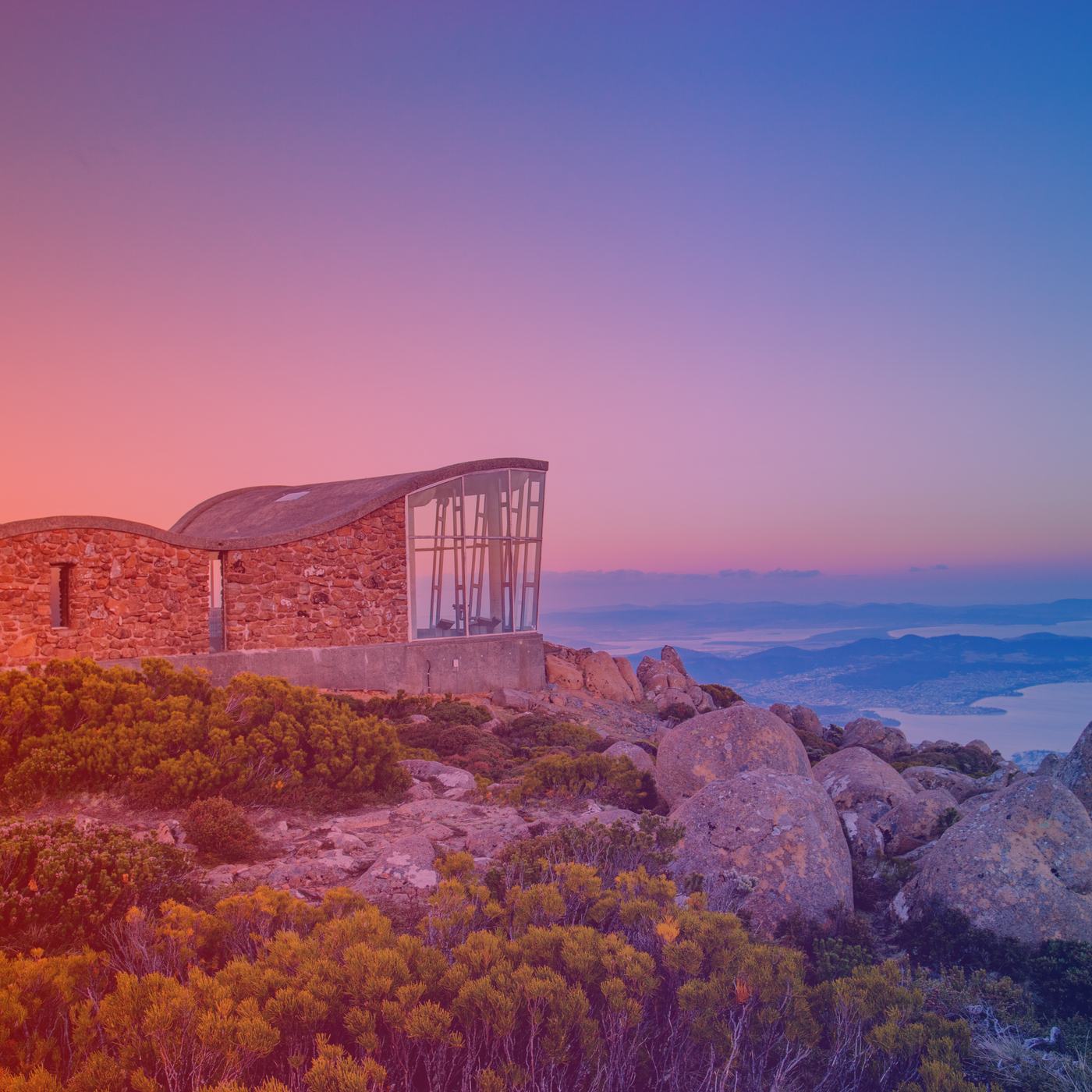 Sunset over the Derwent estuary from the pinnacle shelter on kunanyi, Mount Wellington, above Hobart